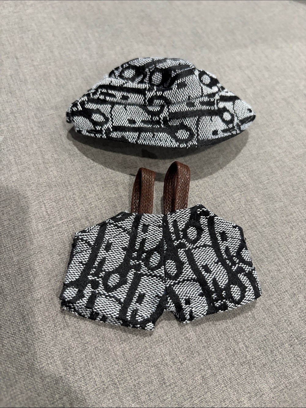 Labubu or Small Doll Black & Gray Patterned Overalls with Bucket Hat Outfit